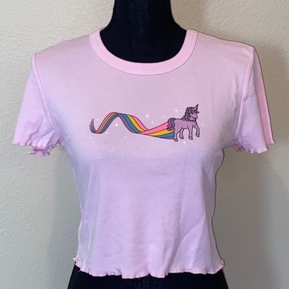 PacSun LA Pink Unicorn Dreams Cropped Tee Shirt Large - Picture 6 of 9